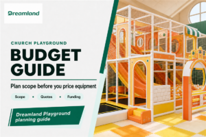 Church Playground Budget Guide cover with orange indoor play equipment