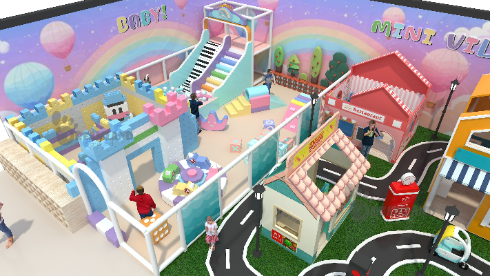Commercial indoor playground equipment structure and surfacing installation overview