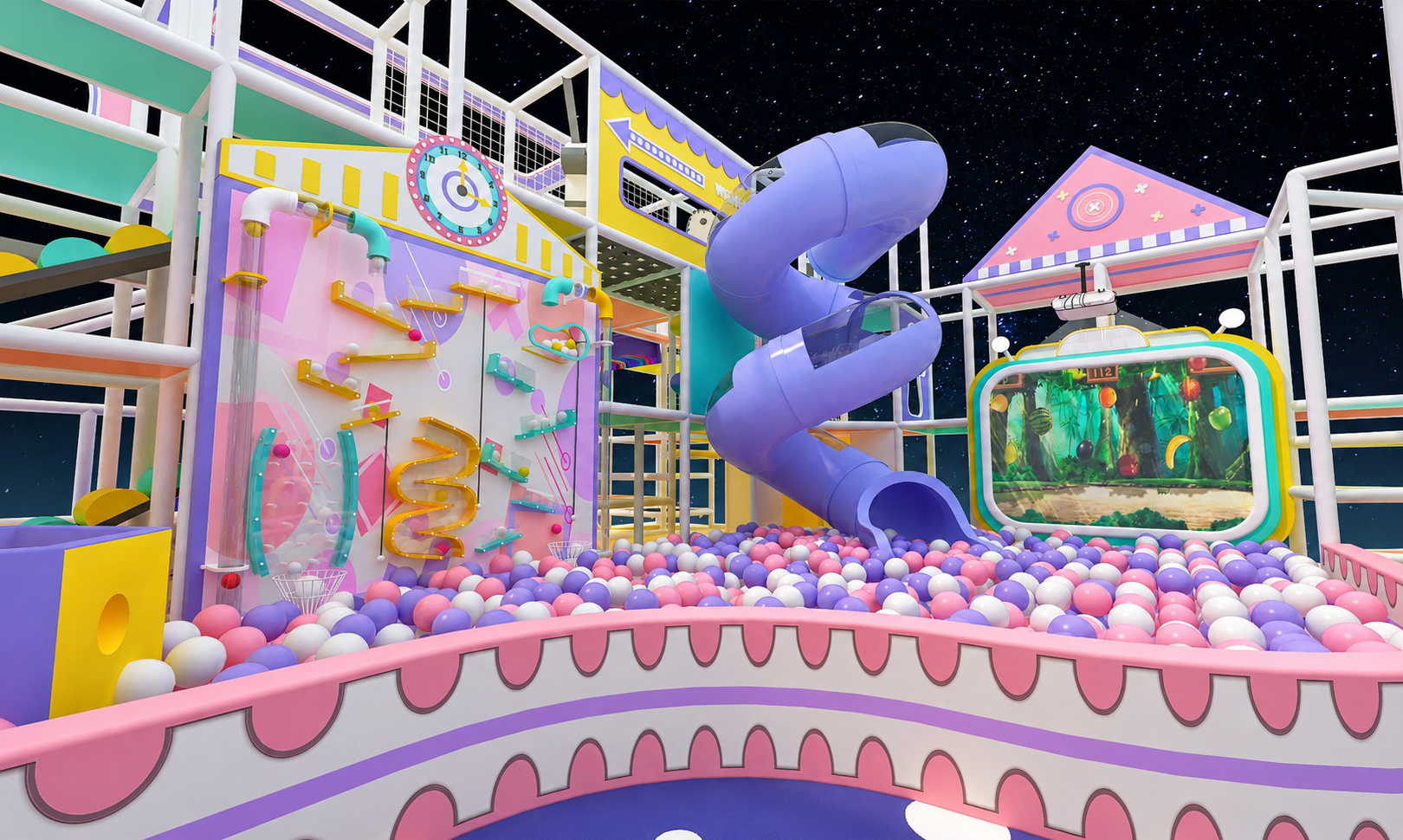 Commercial indoor playground equipment structural framework and components