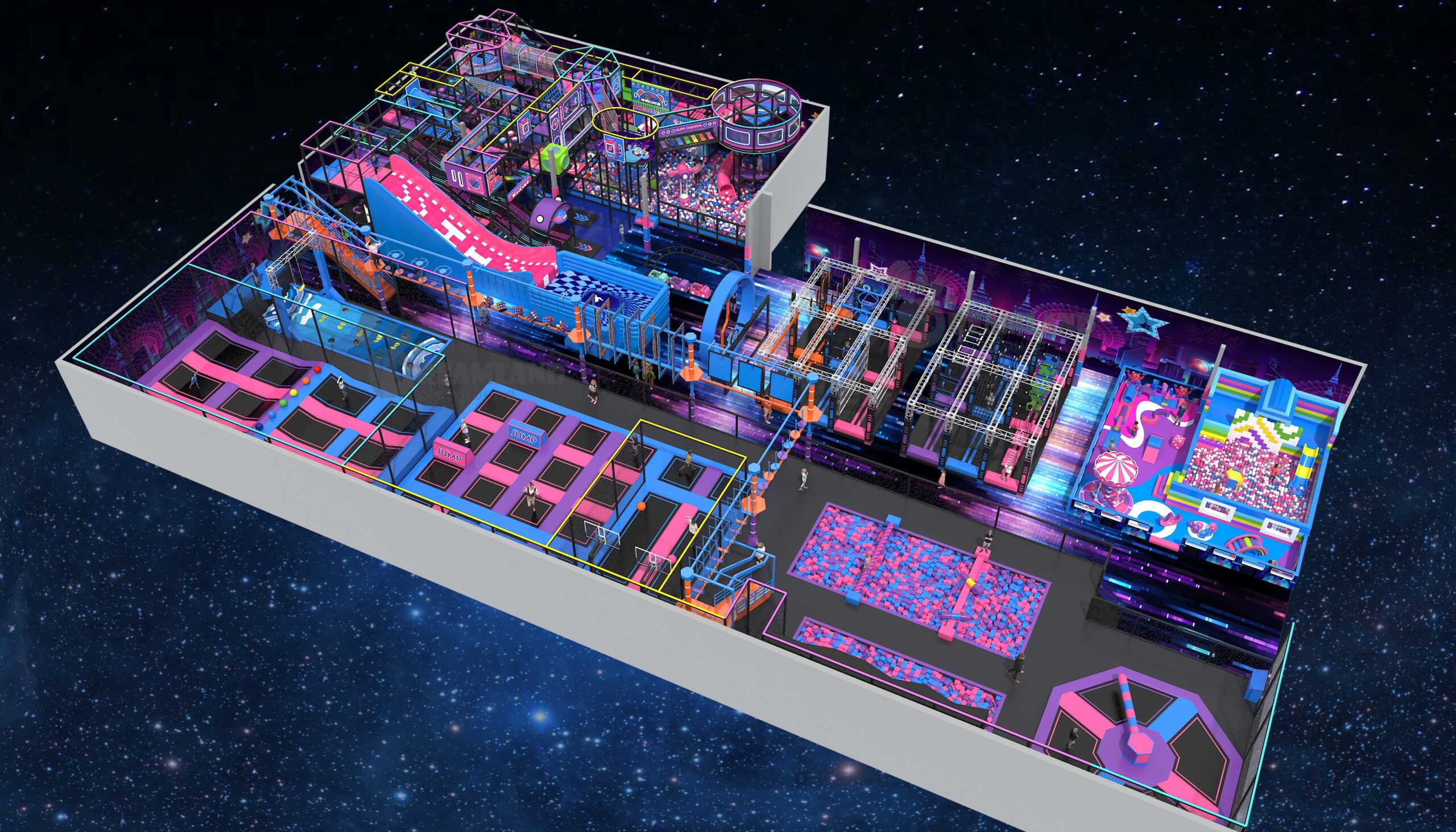 Dreamland Playground 3D floor-plan illustration showing multiple FEC attraction zones
