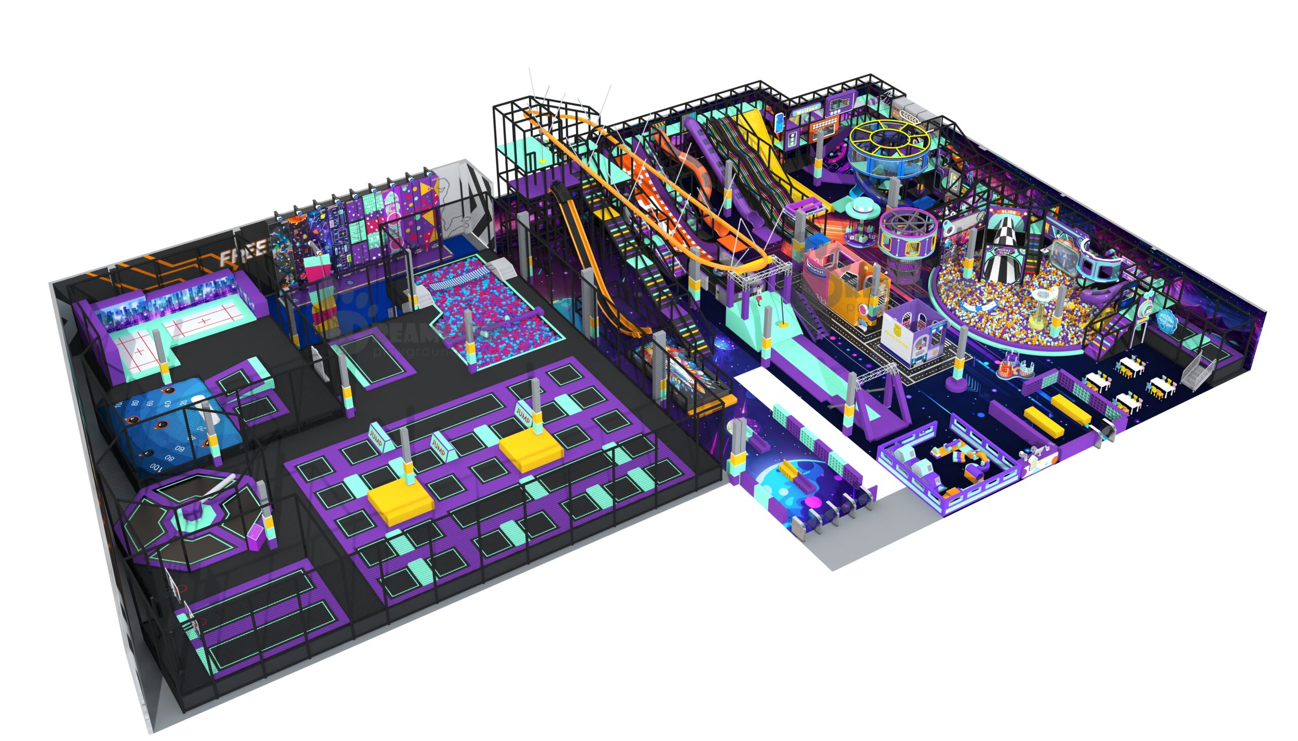 Dreamland Playground 3D FEC floor plan with trampoline and indoor playground zones