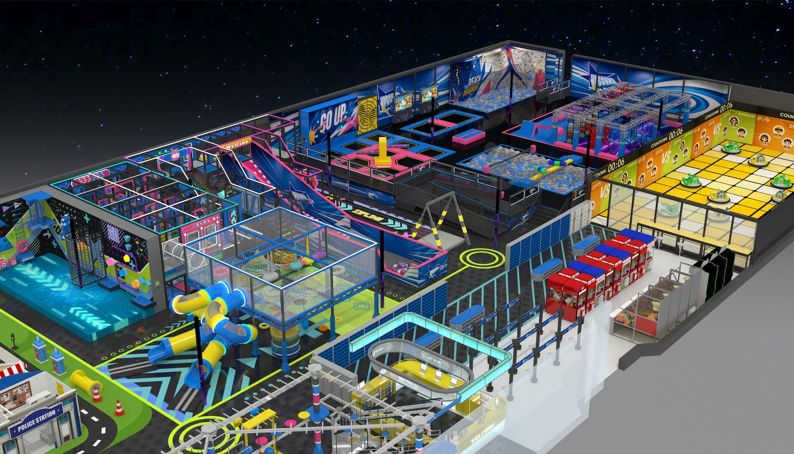 Dreamland Playground 3D layout illustration for a multi-attraction family entertainment center