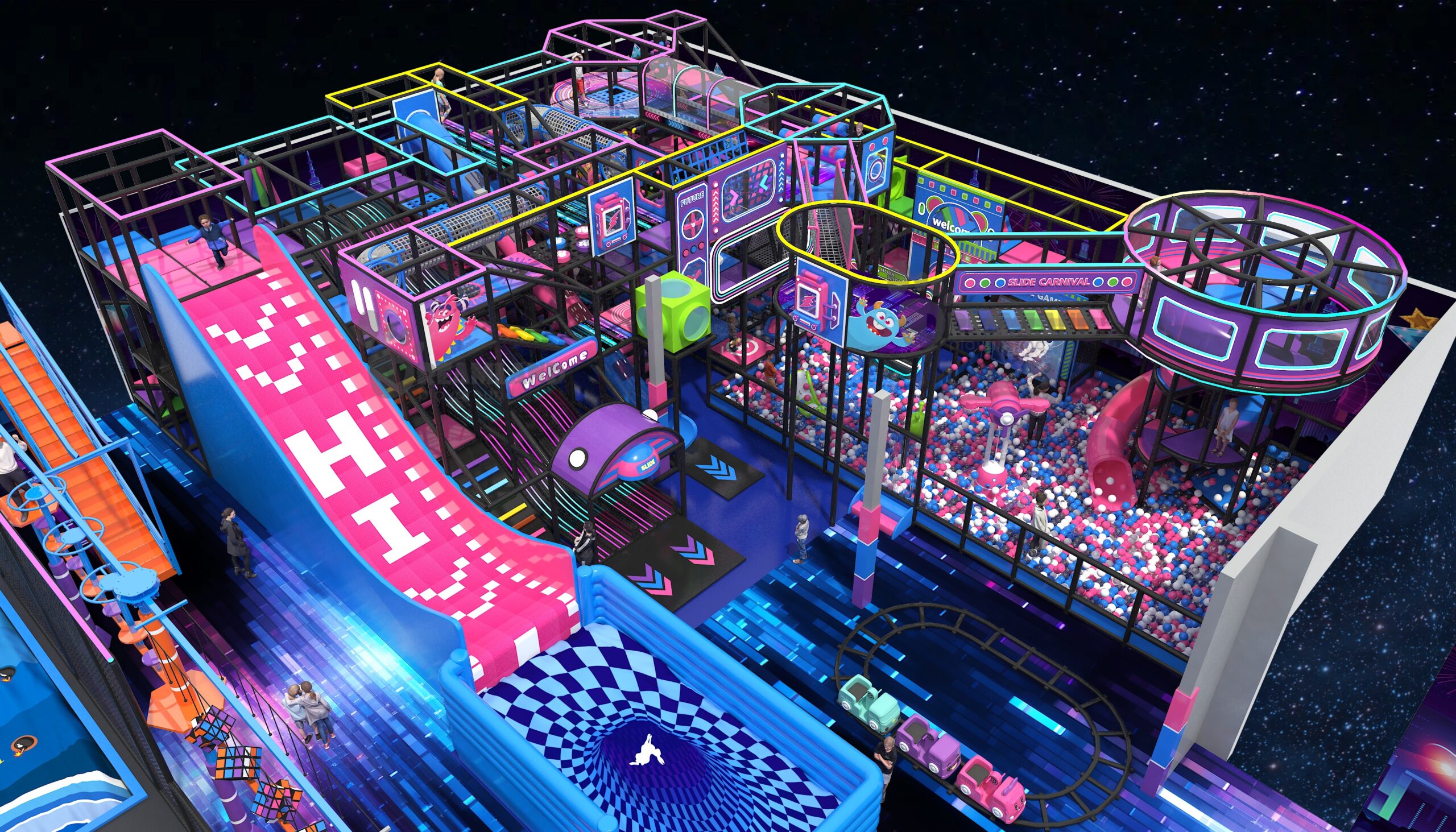 Family entertainment center startup cost concept render