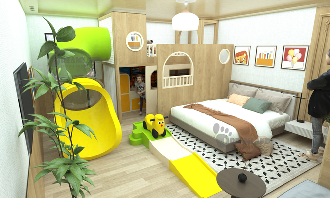 A Dreamlandplus hotel indoor playground installation featuring slides and climbing structures