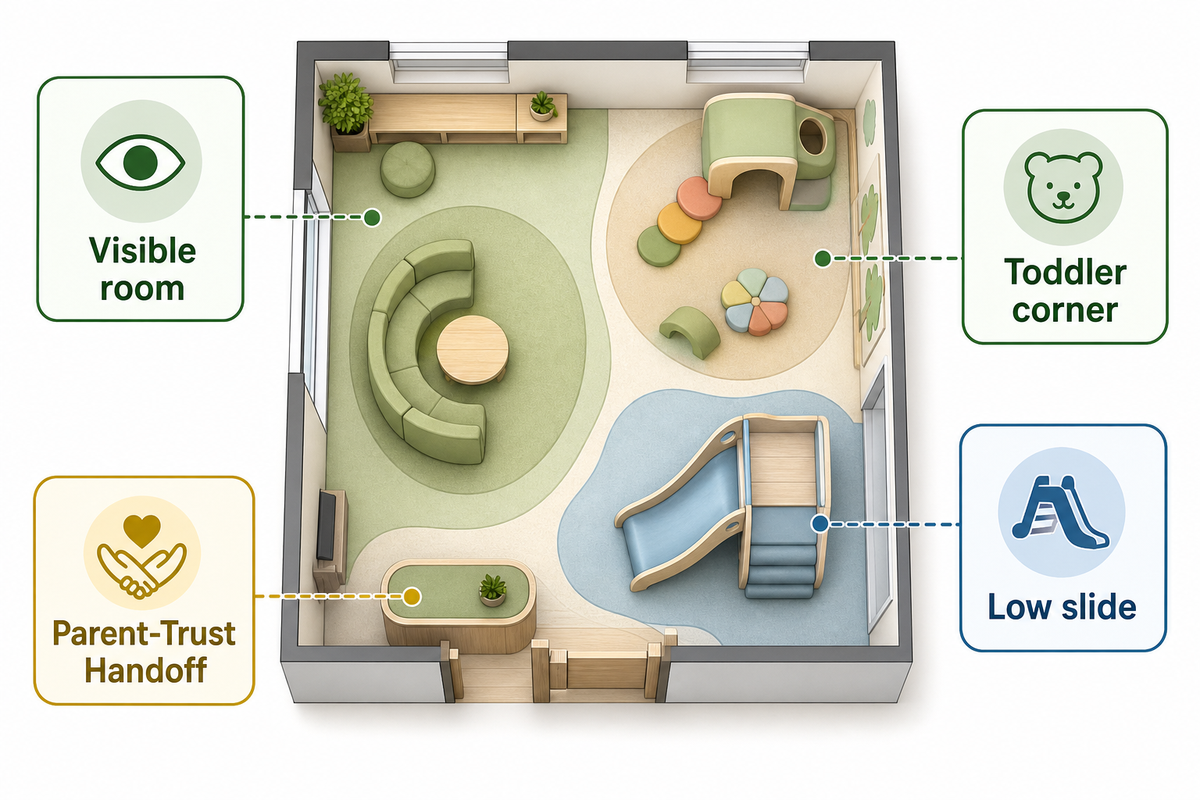 Compact 3-star hotel kids club design with simple play zones