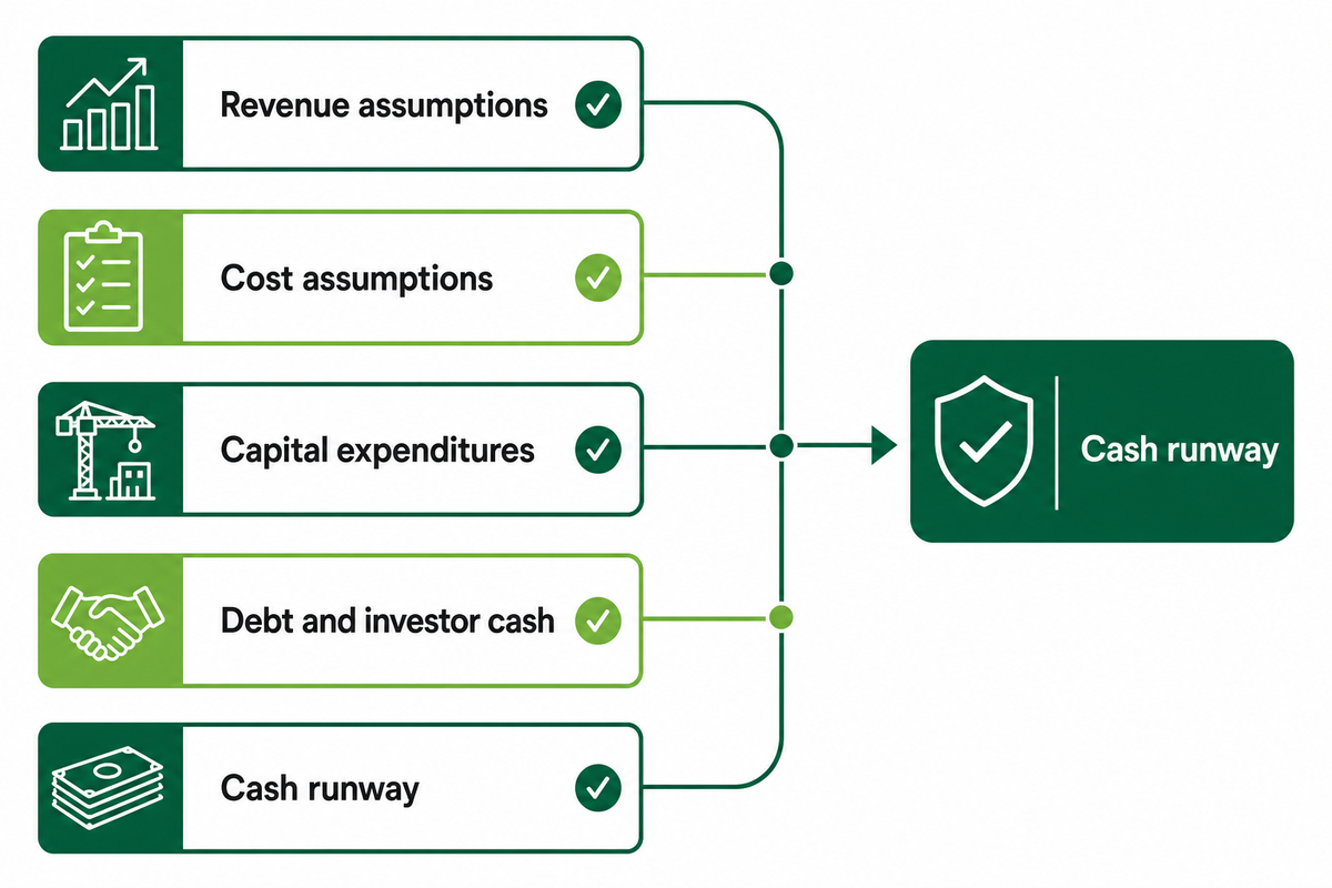 Model spine separates revenue, costs, capex, debt and investor cash, and cash runway