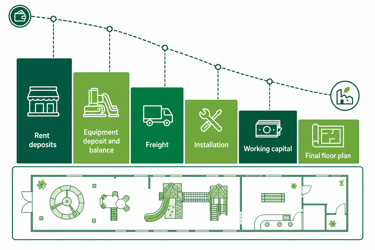 Startup cash curve covers rent deposits, equipment balance, freight, installation, working capital, and floor plan