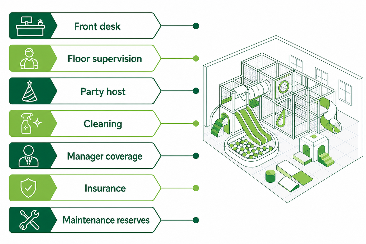 Fixed-cost roster separates front desk, floor supervision, party host, cleaning, insurance, and reserves