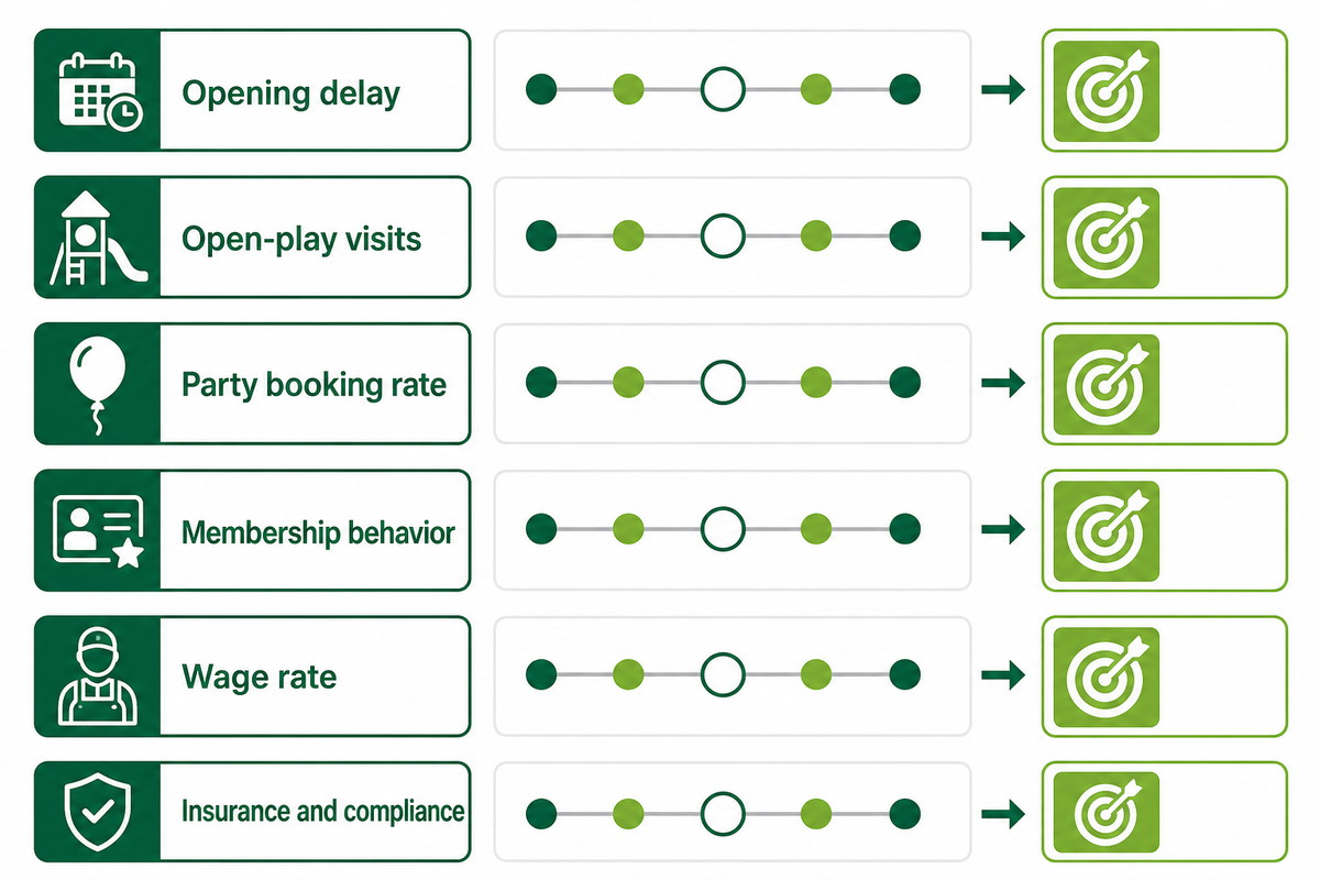 Sensitivity grid tests opening delay, visits, party booking, membership behavior, wages, and insurance