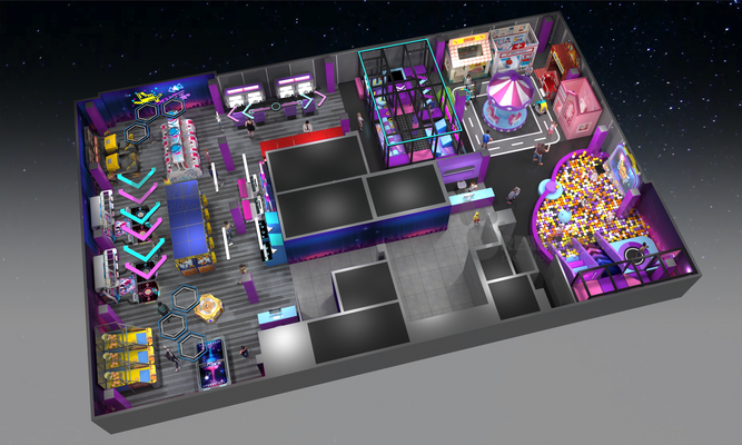Indoor playground structure and floor layout for shopping mall