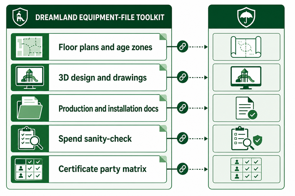 Dreamland can organize equipment-file documents and insurance tool links for quote readiness