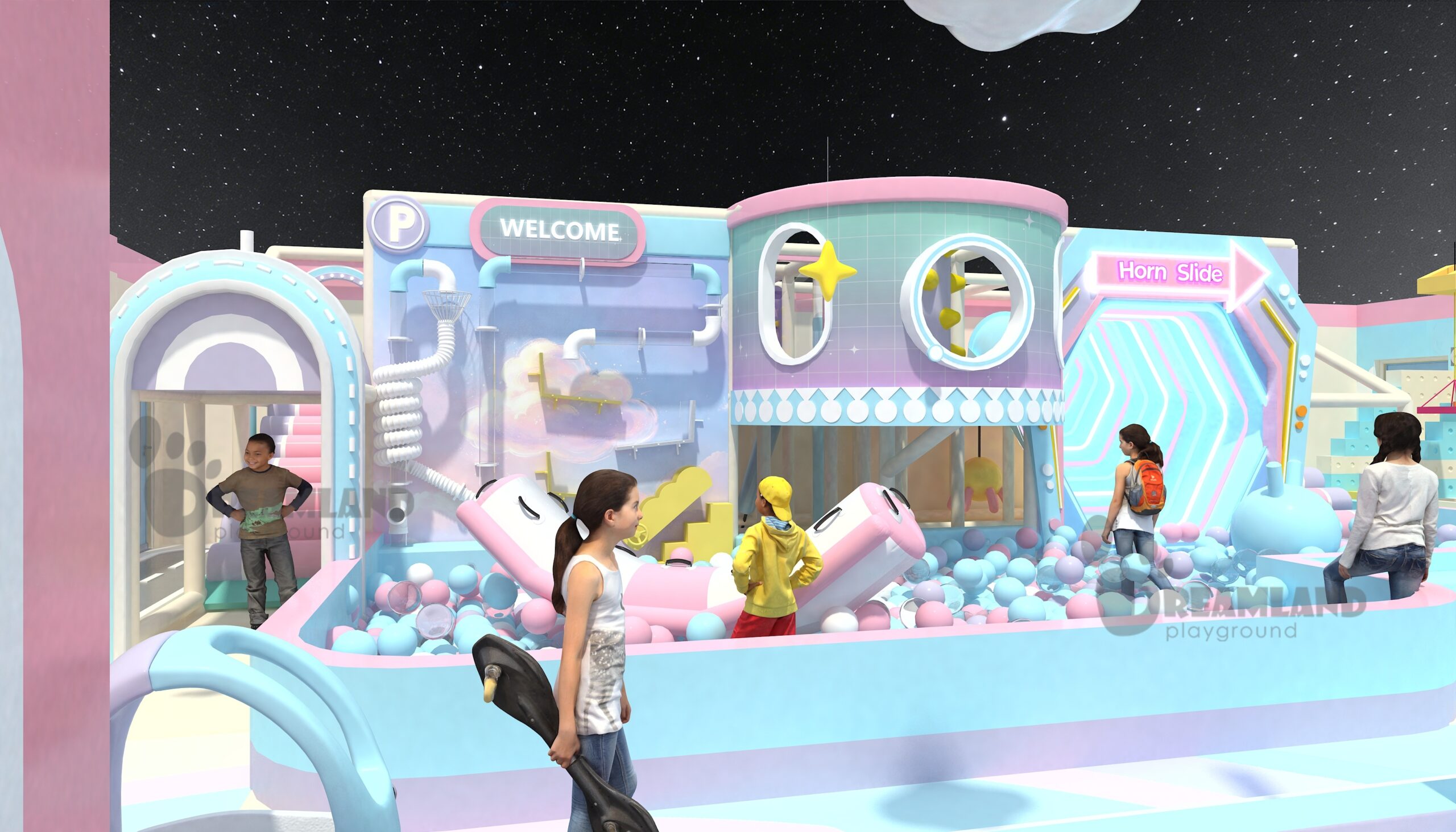 Compact restaurant kids corner concept with soft play and interactive activities
