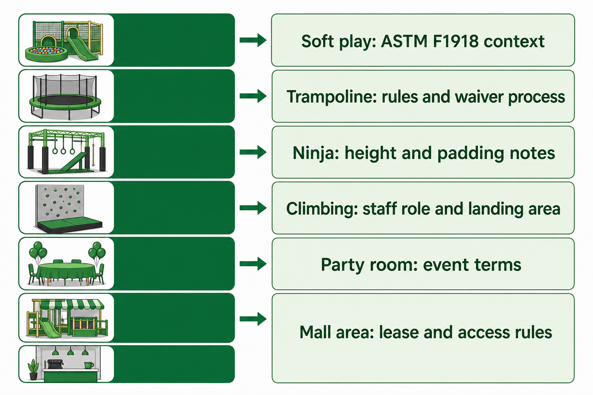Attraction-to-Policy Risk Matrix: soft play, trampoline, ninja, adventure, and mall areas — Dreamland Playground