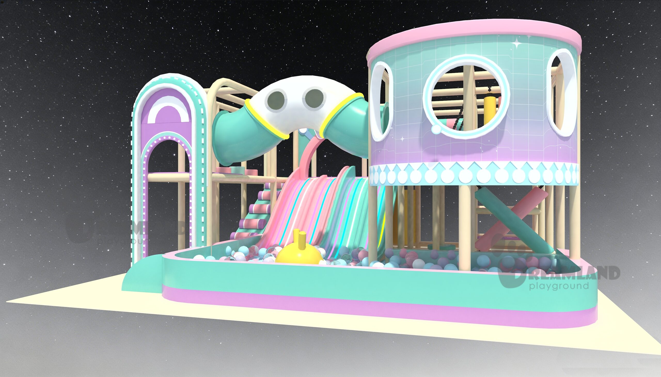 Commercial restaurant playground concept with a themed enclosed structure