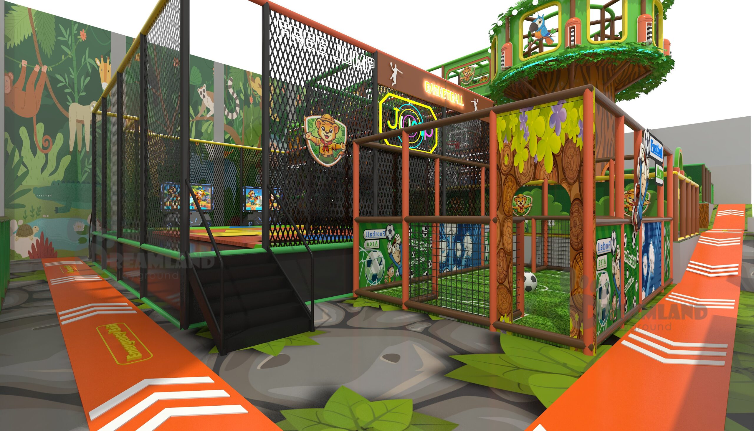 Restaurant play area 3D design with themed soft play equipment