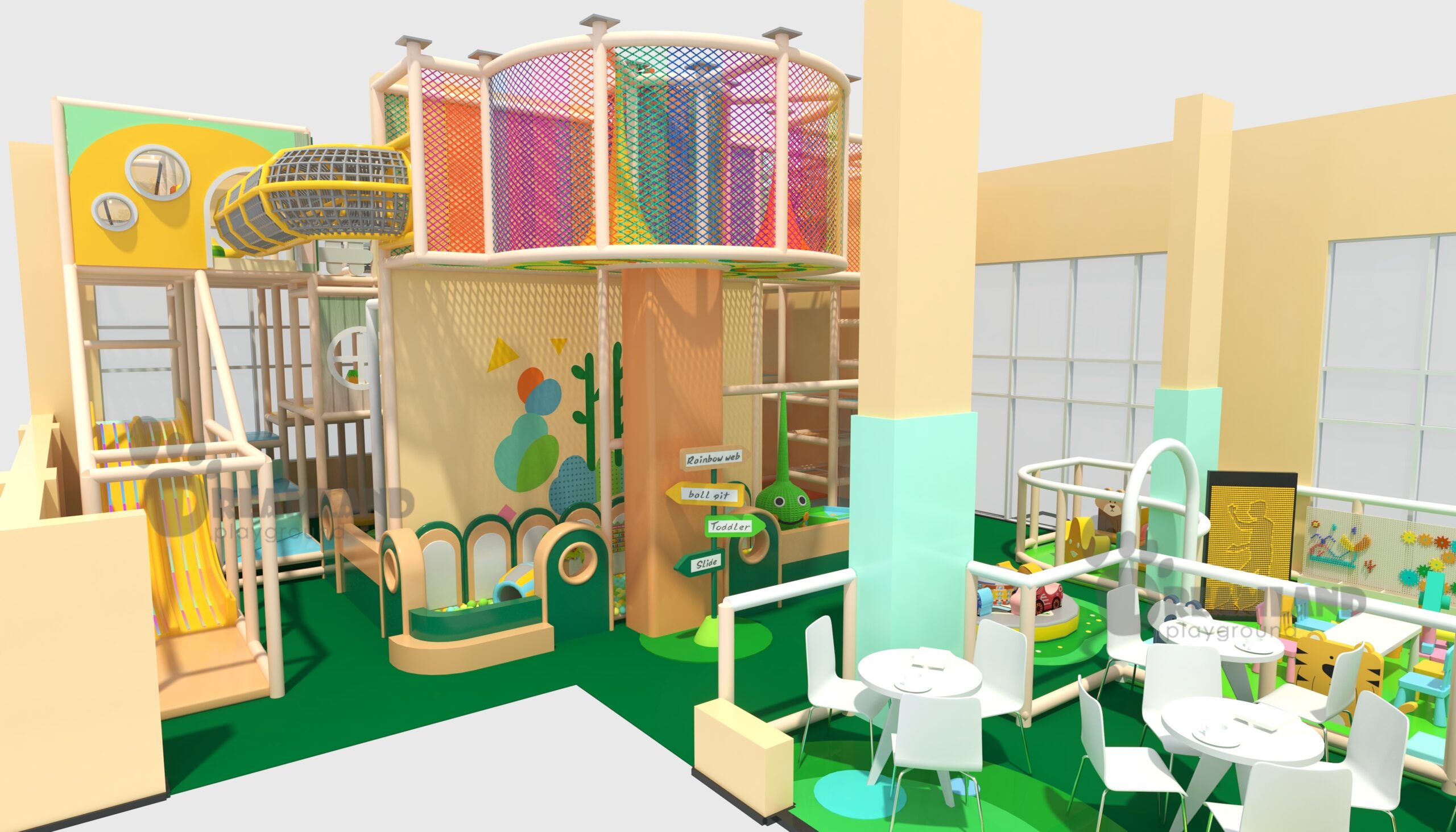 Restaurant playground equipment concept with climbing and slide activities