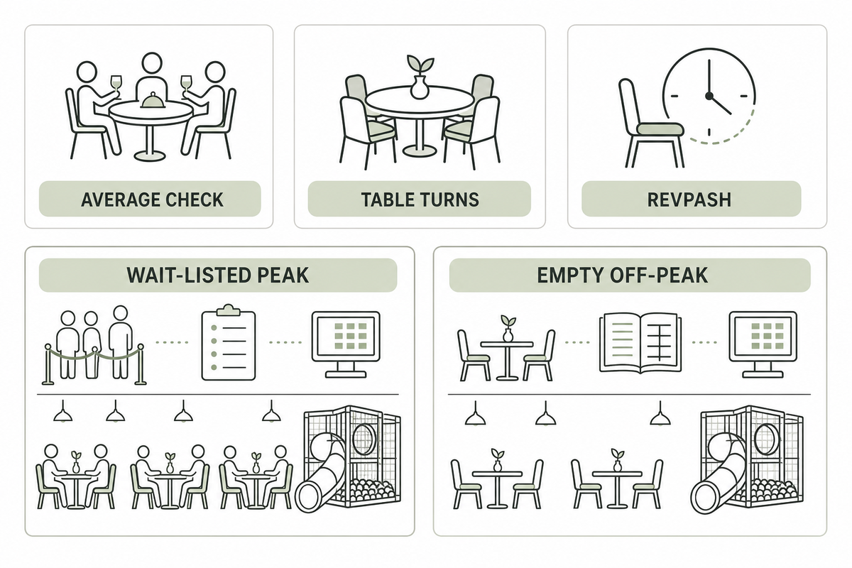 Test table turnover, meal duration, and RevPASH together — Dreamland Playground