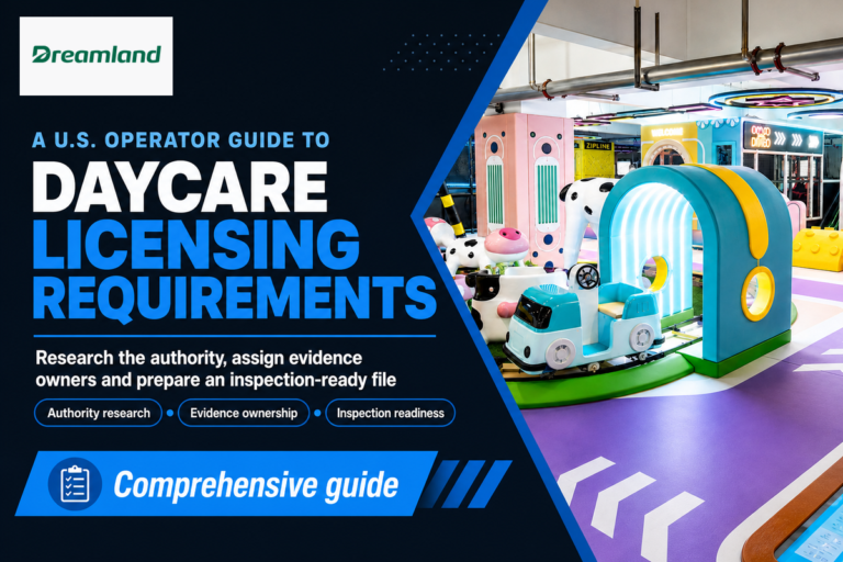 Dreamland Playground play space with a guide to researching daycare licensing requirements and preparing approval evidence.