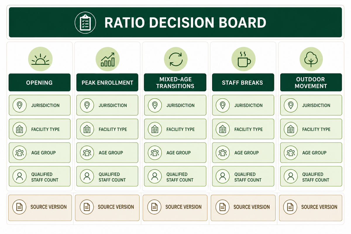 Ratio scenario board ties daycare staffing decisions to jurisdiction, age group and current source version.