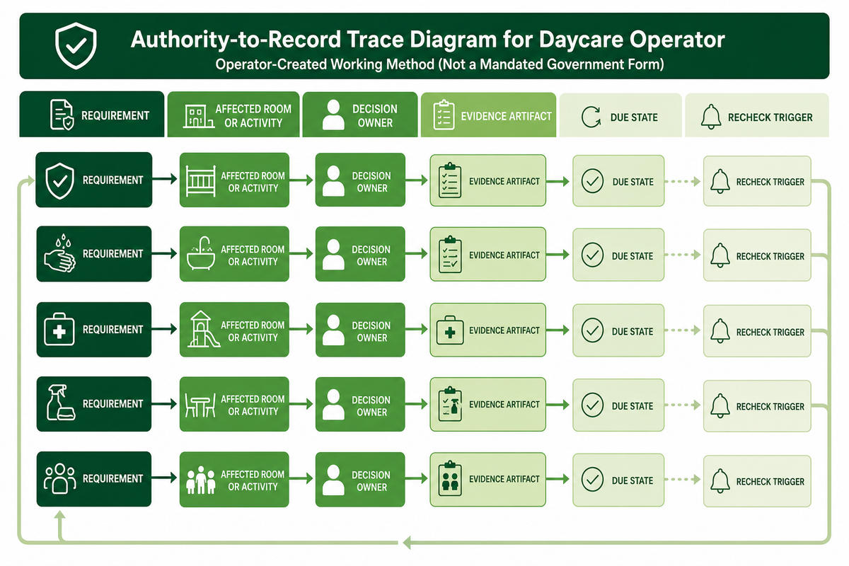 Authority-to-Record Trace connects a daycare rule to room, owner, evidence and recheck trigger.