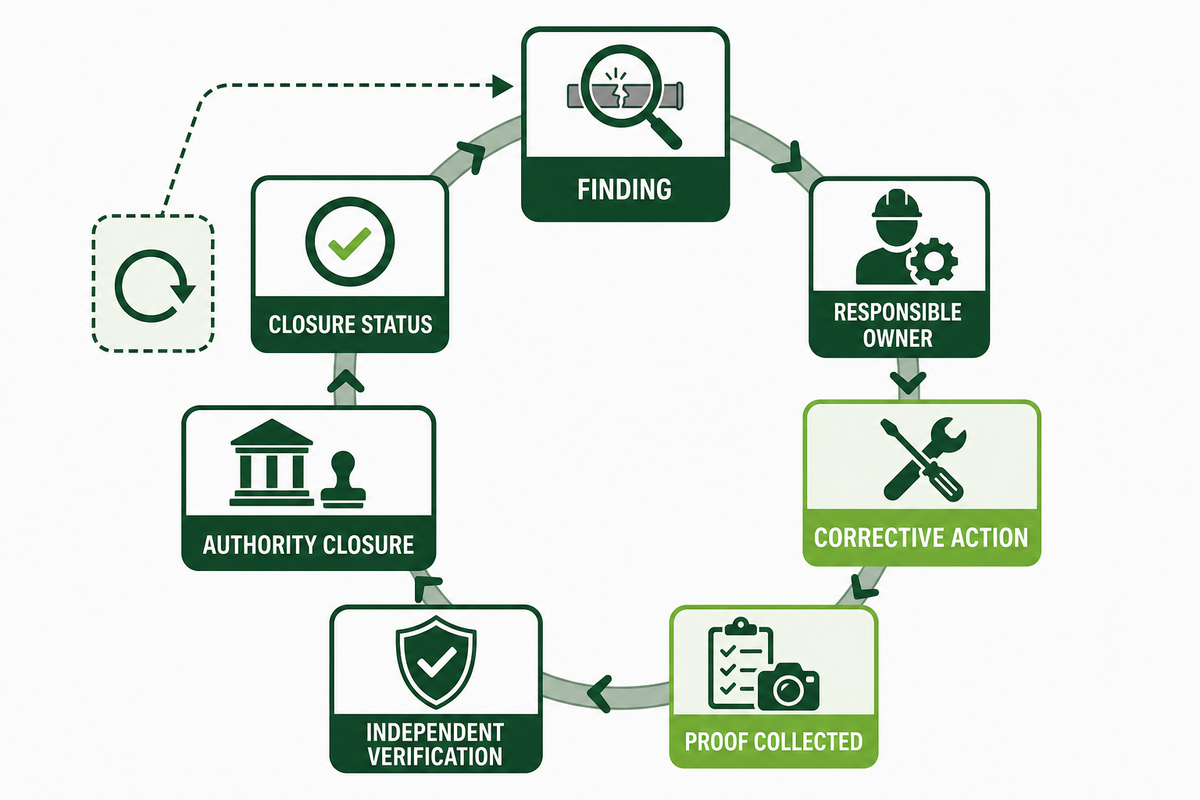 Inspection finding closure dossier tracks finding, correction, evidence, verification and disposition.